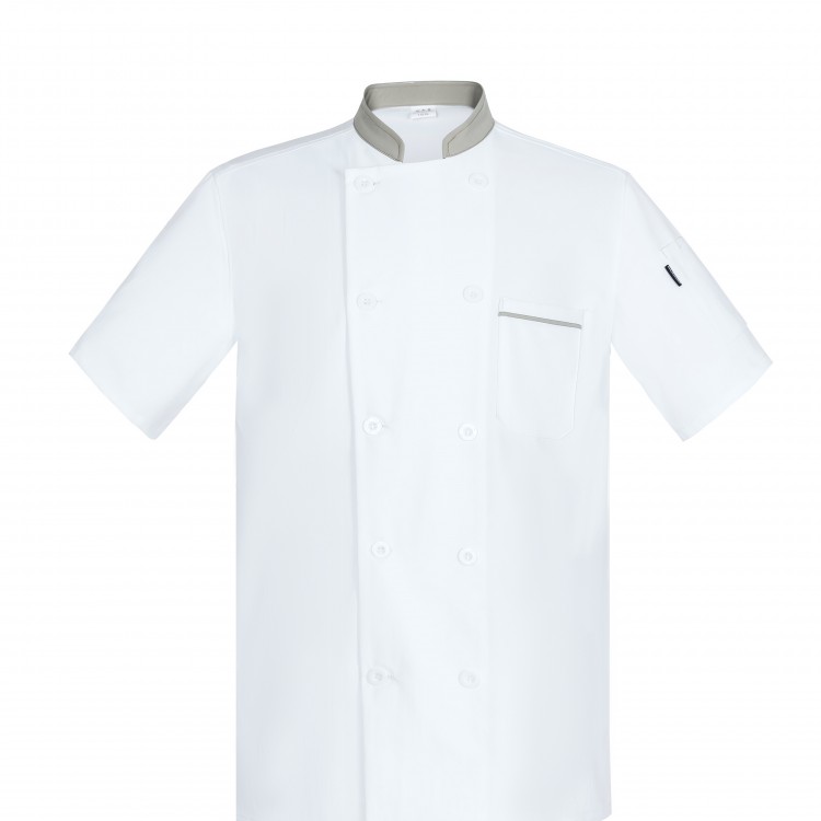 白拼灰厨师工作服短袖男定制厨房厨师服夏季透气工衣