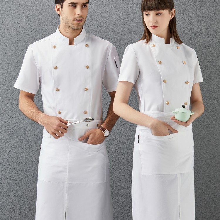 厨师工作服男女夏季短袖透气酒店中西餐后厨房工装定制双排扣子体恤围裙