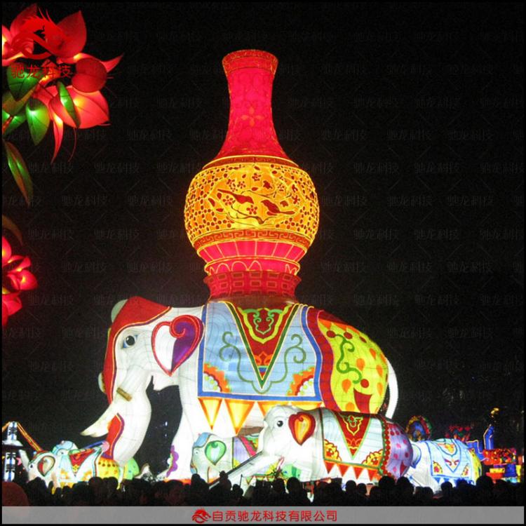 花灯定制大象驮宝瓶彩灯佛教文化花灯制作动物造型灯展定制灯会制作厂家