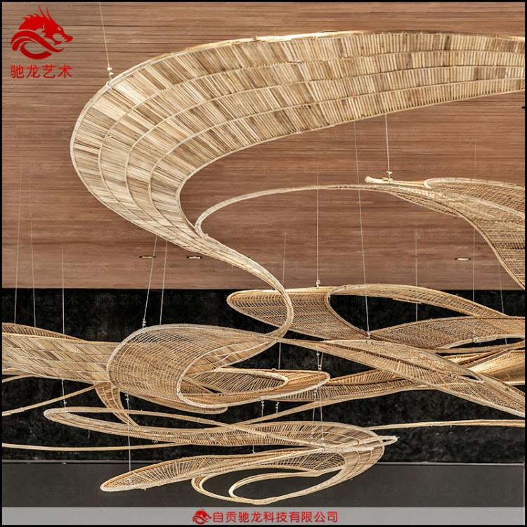竹编装饰抽象吊顶灯大型艺术竹艺装置造型定做施工异形结构藤编工厂