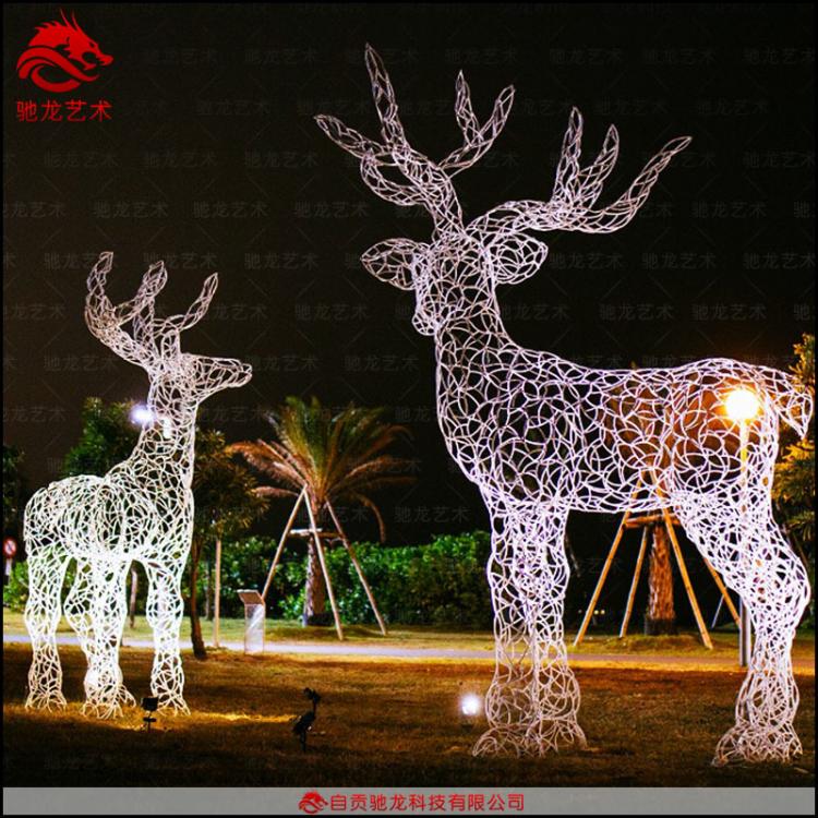 镂空抽象金属鹿雕塑铁艺不锈钢网格编织美陈景观雕塑光雕彩灯摆件