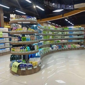 超市货架双面钢木架 弧形中岛展示架子 便利店展示货架支持定制