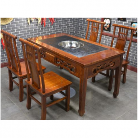 中式实木火锅桌 商用电磁炉烤涮一体 成套商用餐桌椅 卡座沙发桌椅组合定制