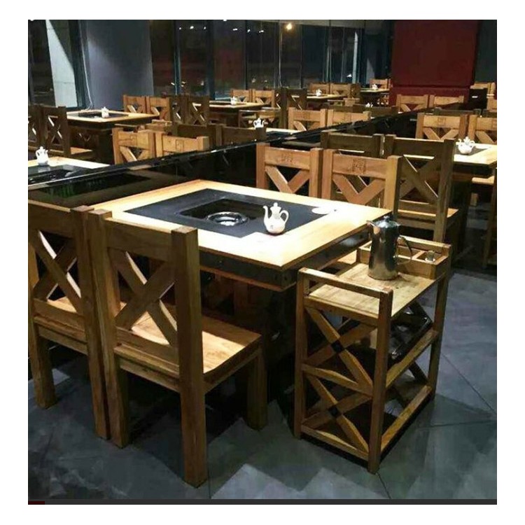 餐馆饭店方形实木配套凳子中式火锅桌 无烟可定制